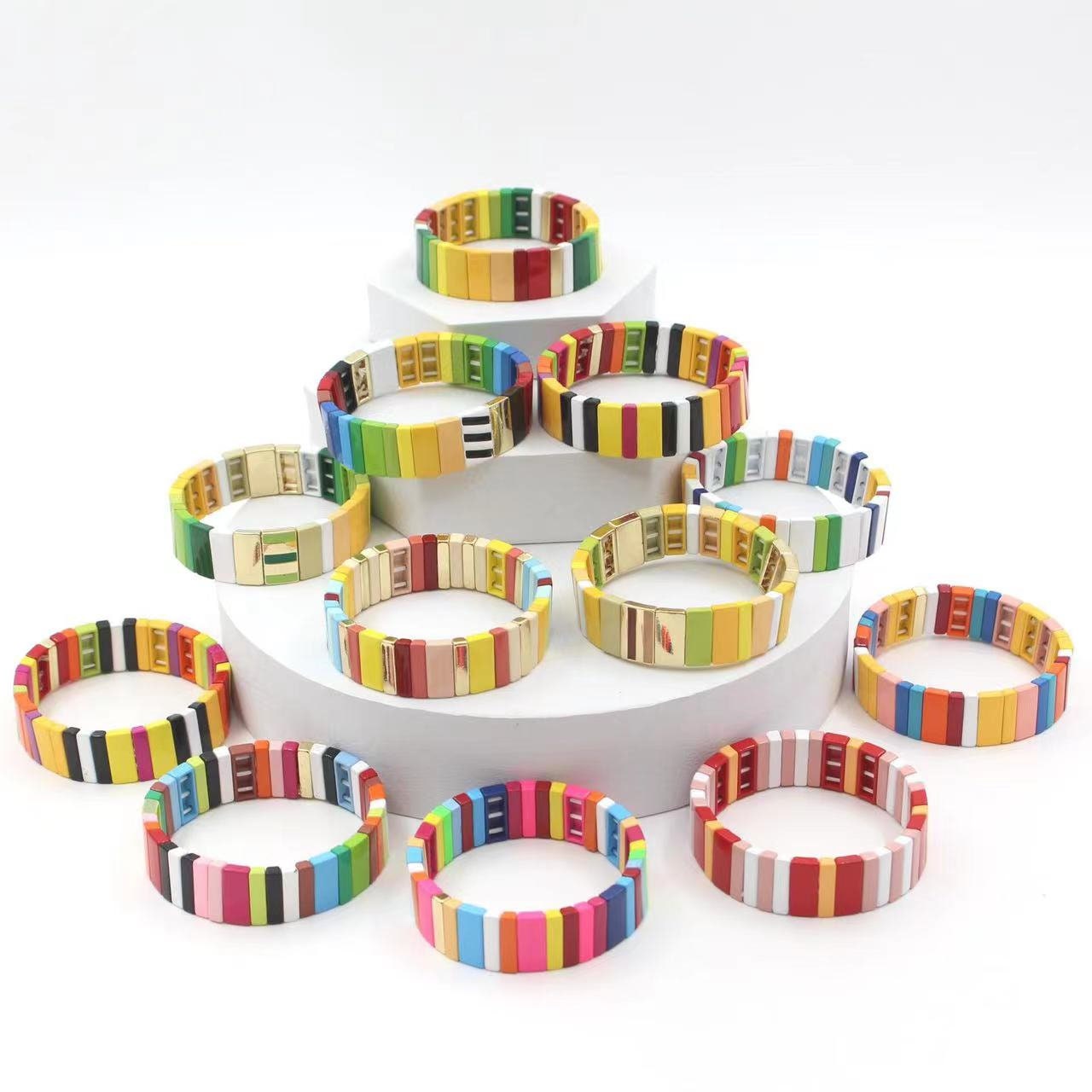 Enamel Tila Tile Stretchy Bracelet,Tile Enamel Bracelet,Colorblock Bracelet ,Elastic Bracelet,Tila Tile Rainbow Bracelets Wholesale