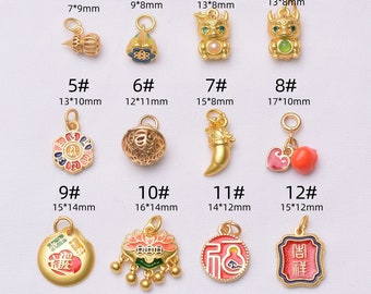 10 pcs gold sand drop oil blessing word national tide peace lock dragon zodiac pendant diy handmade jewelry accessories gourd pendant