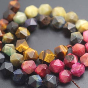 Natural Diamond Tourmaline Tigereye Faceted Nugget Beads,Natural Faceted Tourmaline Tigereye Star Cut Beads,15 inches one starand