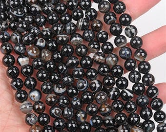 Natural Black Stripped Agate Smooth Round Beads,4mm/6mm/8mm/10mm/12mm Agate Beads Wholesale Bulk Supply,15 inches one strand