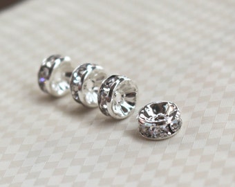 100 pcs Crystal Rhinestone Silver Plated Copper beads,Silver plated rondelle spacer beads,6/8/10/12mm