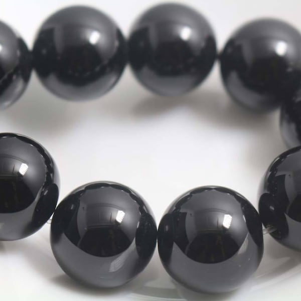 Perles d'onyx noir naturel de 14 mm à 20 mm, perles lisses et rondes naturelles, 15 pouces une étoile et