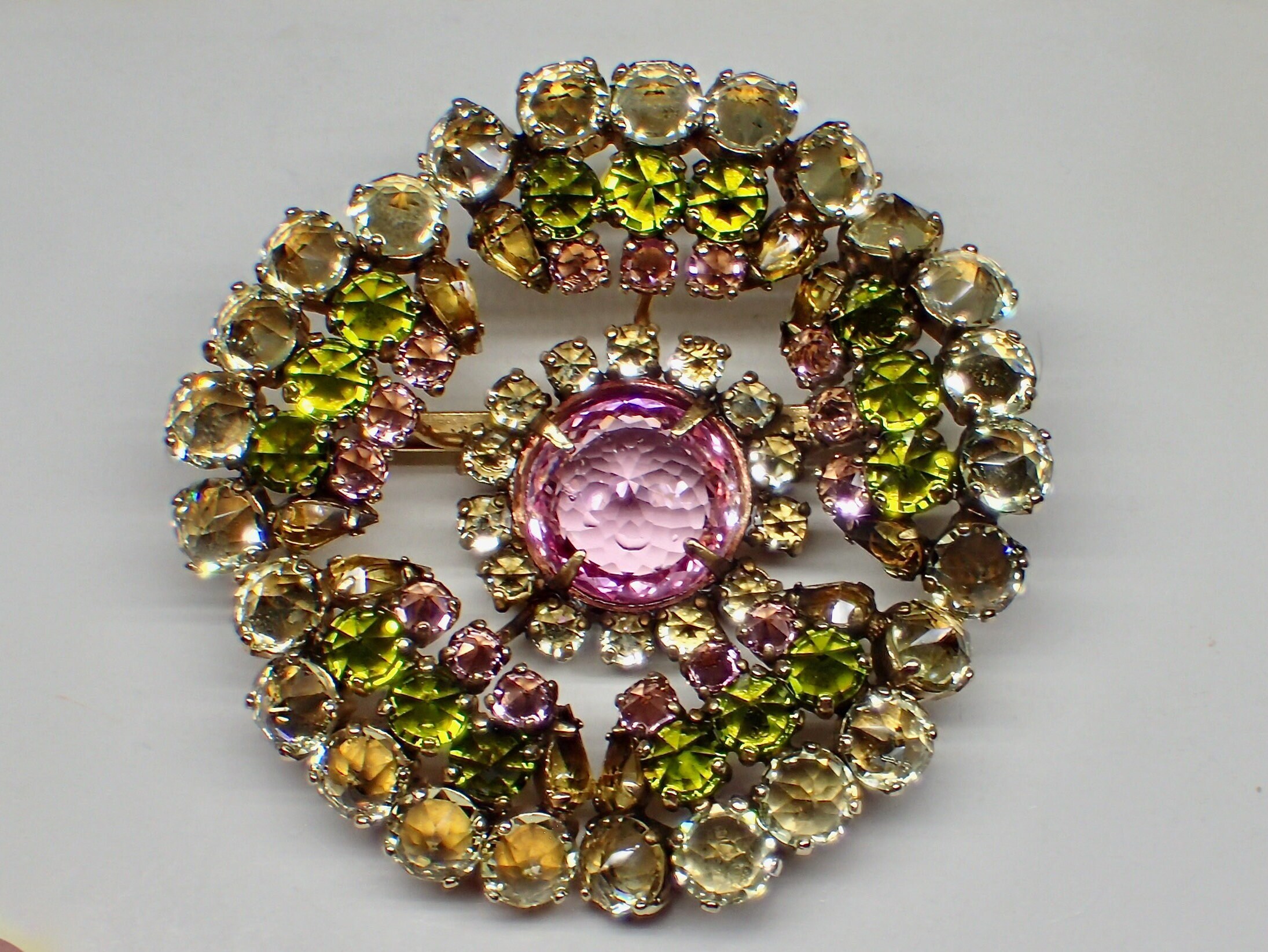 Schreiner NY Signed Reverse Set Glass Stones Pink Pale Jonquil