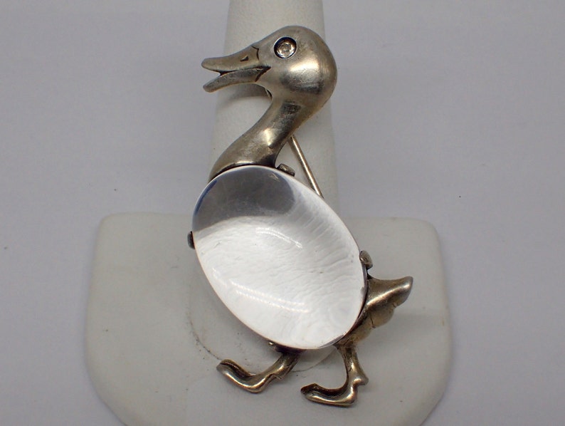 Vintage 1940s Rhinestone Eye Duck Jelly Belly Trifari-style Sterling Silver Brooch Pin Clear Lucite RARE