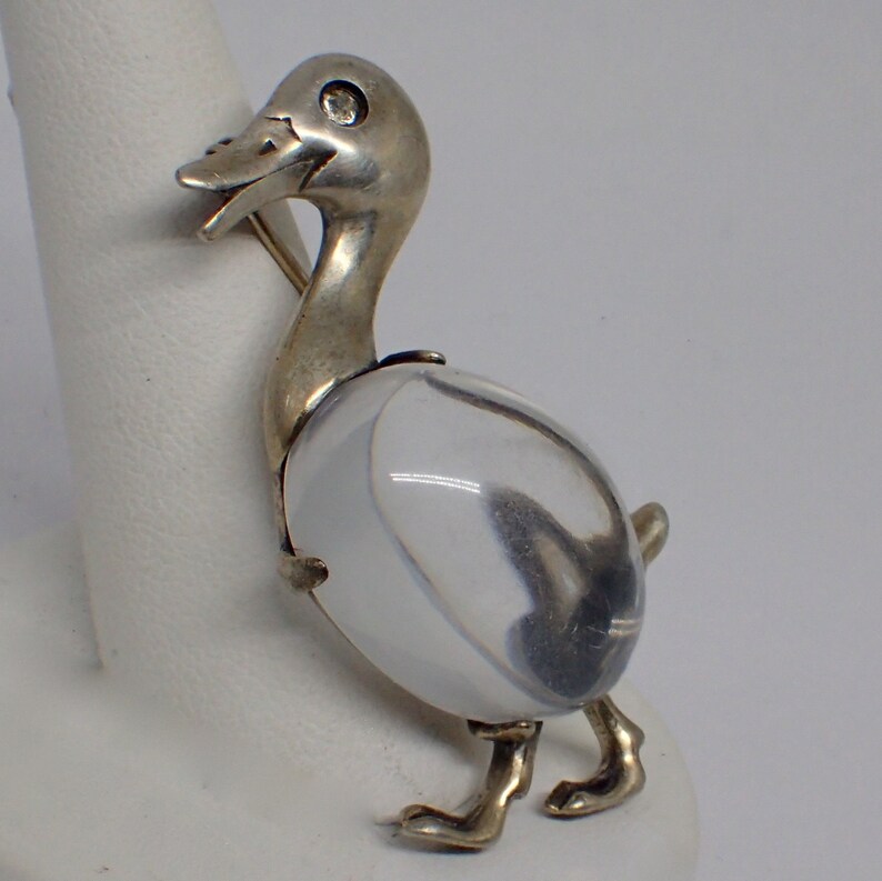 Vintage 1940s Rhinestone Eye Duck Jelly Belly Trifari-style Sterling Silver Brooch Pin Clear Lucite RARE