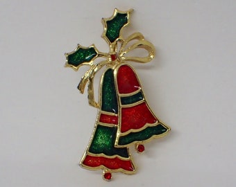 Beatrix Christmas Bells & Holly with Ribbon, Red Green Glass Enamel Rhinestones Gold Plated, Vintage Mid Century 1960s