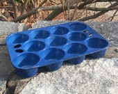 Griswold Wagner Muffin Pan, Graniteware Cobalt Blue Speckled White Enamel over HEAVY Cast Iron 11 Muffins Bakeware Country Kitchen