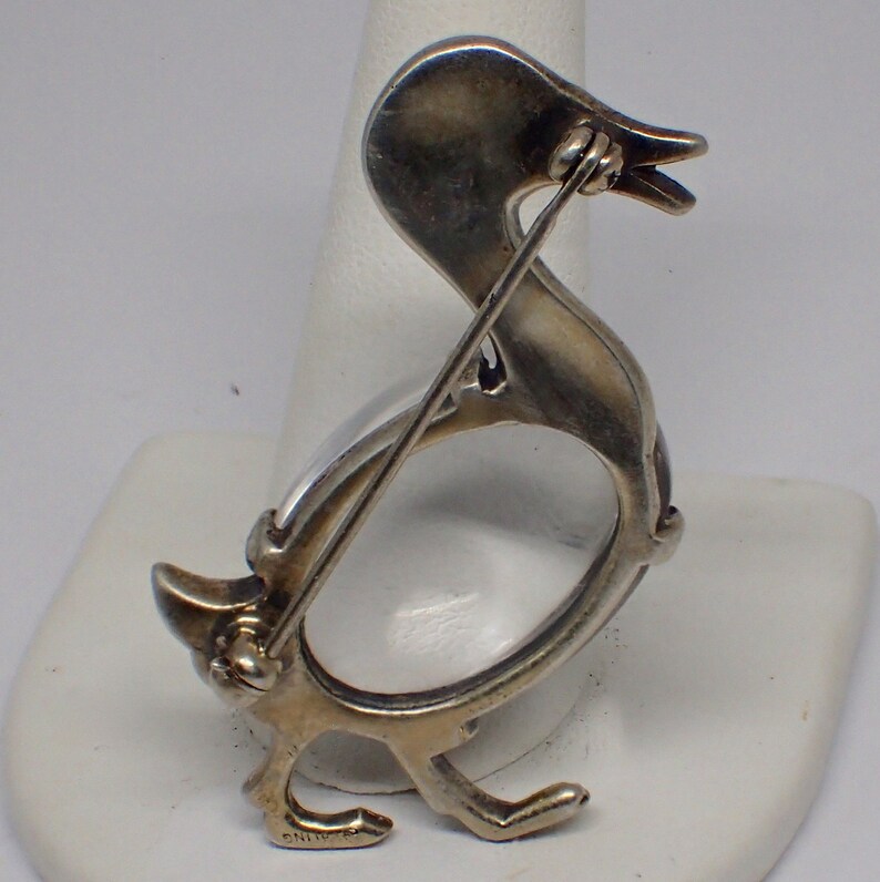 Vintage 1940s Rhinestone Eye Duck Jelly Belly Trifari-style Sterling Silver Brooch Pin Clear Lucite RARE