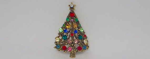 Book Piece Gold Tone Hollycraft Christmas Tree Pin Brooch Fruit Salad