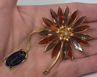 Corocraft Flower Brooch, Mid Century Vintage 1960s, Grey Brown Glass, Gold Plated, Mint Condition with Original Tag