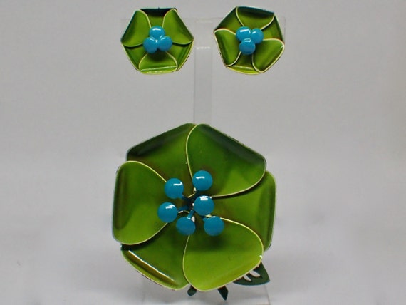 Flower Power 1960s Vintage Green Floral Brooch an… - image 4
