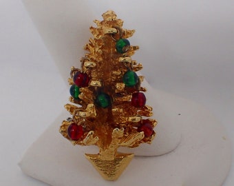 LIA Christmas Tree Pin Rich Red Green Enamel Beads Adorn Tree With