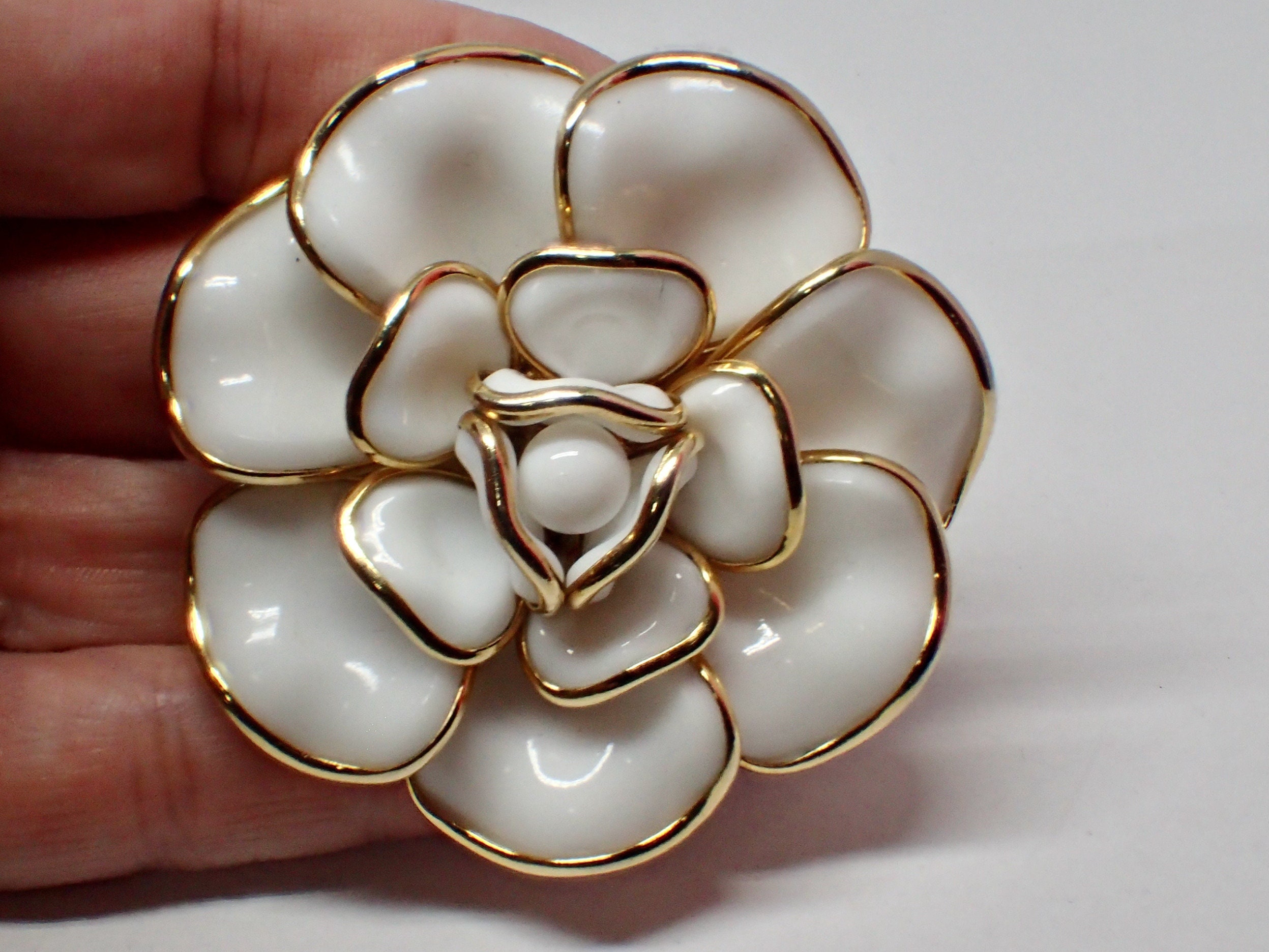 Chanel Style Enameled Camellia Flower Stick Pin Brooch