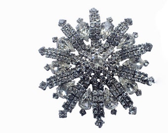 Weiss Snowflake Brooch, 3D Starburst Fireworks Clear Rhinestones Pin, Pear & Round shaped stones, Vintage 1960s Mid Century