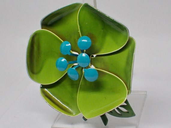 Flower Power 1960s Vintage Green Floral Brooch an… - image 2