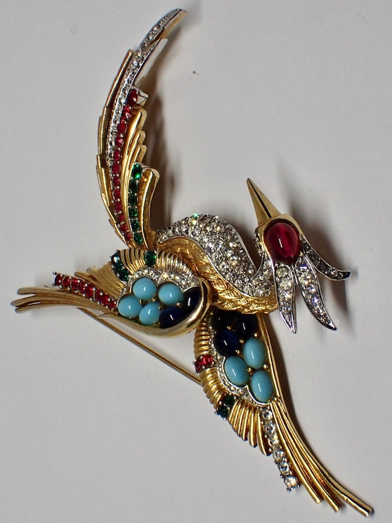 Marcel Boucher Bird of Paradise Gold Plate Rhinestone Glass