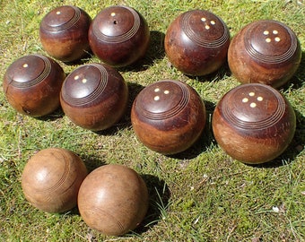 Antique Bocce Ball Set of Ten (10), Lawn Games, England, Oak and Lignum Vitae Wooden & Ivory