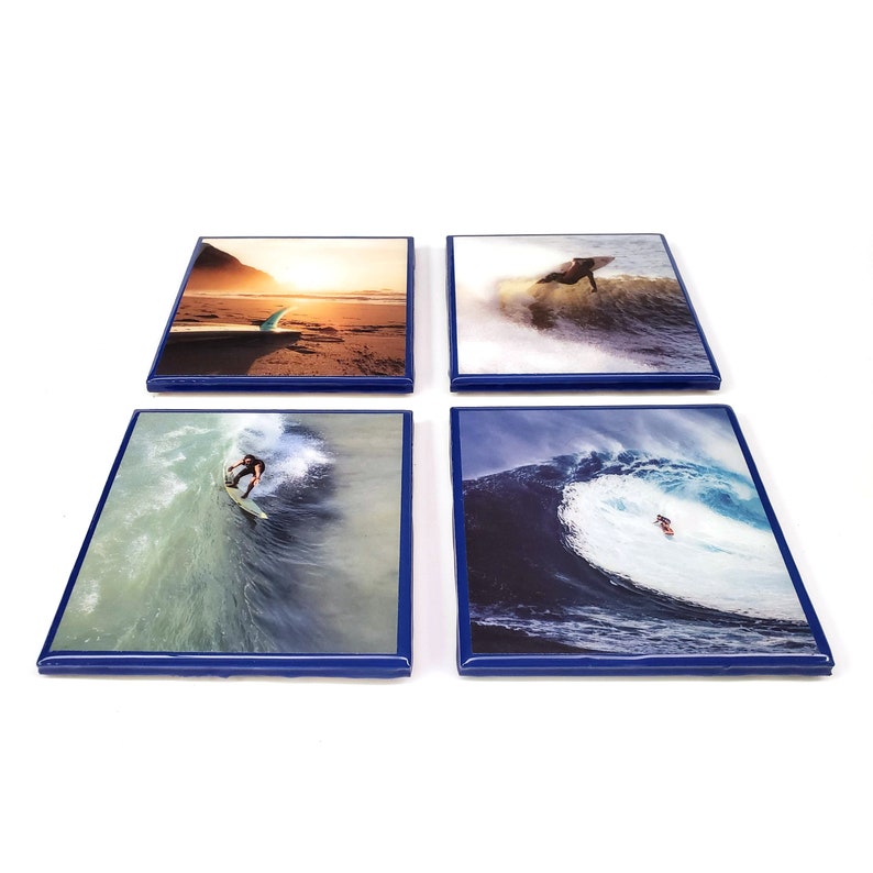 Surfing Resin Bar Coasters with Blue Edges