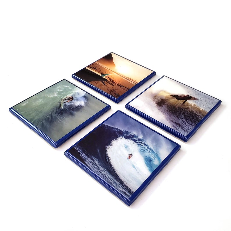 Surfing Resin Bar Coasters with Blue Edges