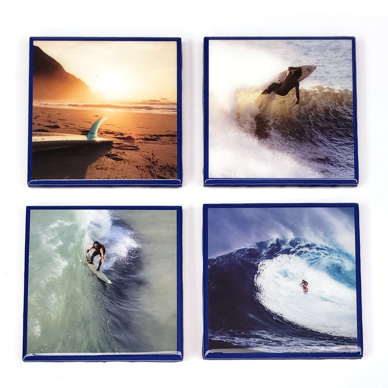 Surfing Resin Bar Coasters with Blue Edges
