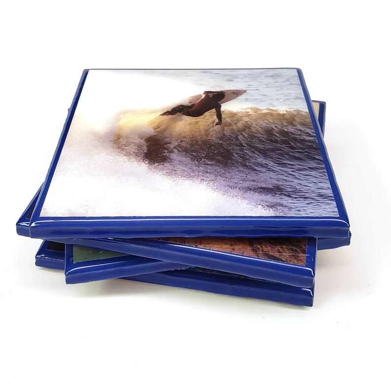 Surfing Resin Bar Coasters with Blue Edges