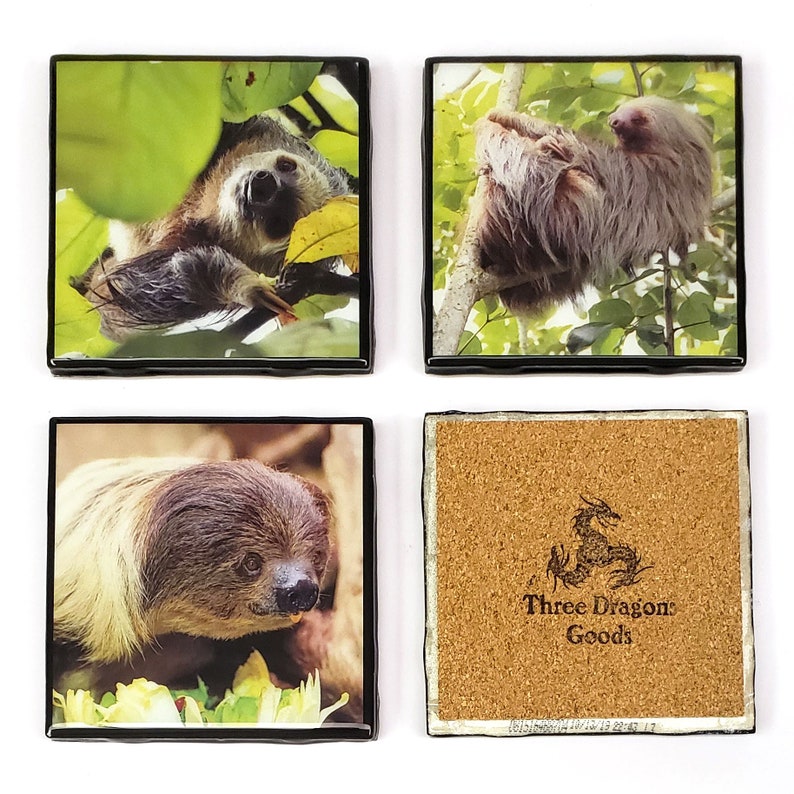 Black Edges Sloths Resin Tile Drink Coaster Set