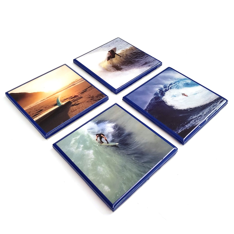 Surfing Resin Bar Coasters with Blue Edges