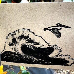 Handmade Linocut Printed Wave with Flying Pelican