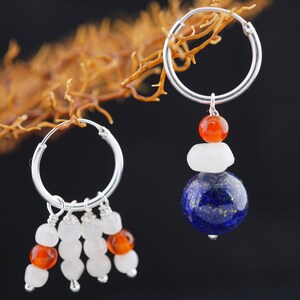 Mismatch Sterling Silver Hoop Earrings: Lapis Lazuli, Moonstone, Carnelian