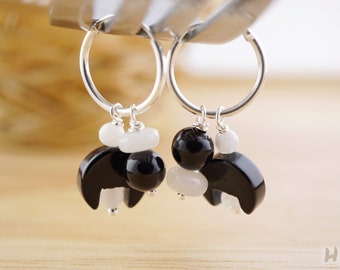 Mismatch Black & White Earrings set, Agate and Moonstone hoop Sterling silver earrings. June Birthstone, mix and match design by yourself.