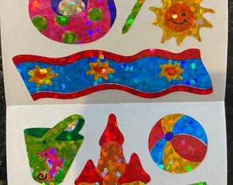 free shipping rare Vintage Hambly Beach summer sand castle sparkle glitter prismatic sticker