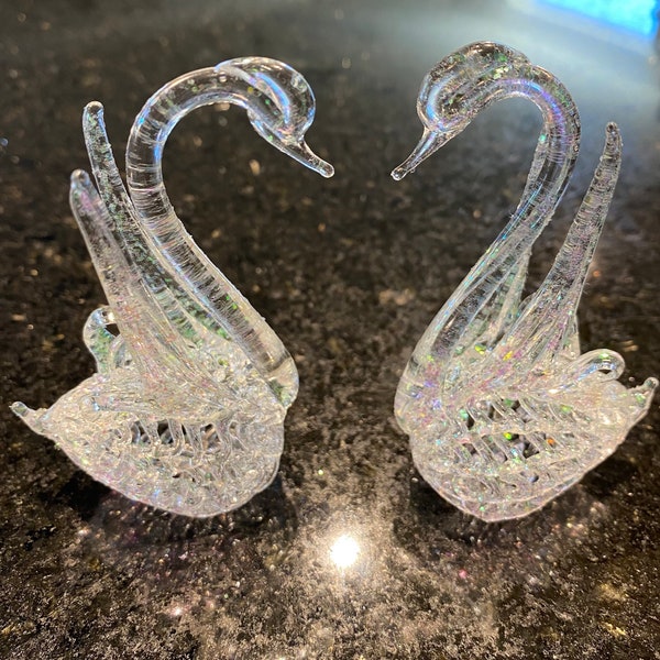 Pair of spun glass blown swan ornaments with glitter Christmas