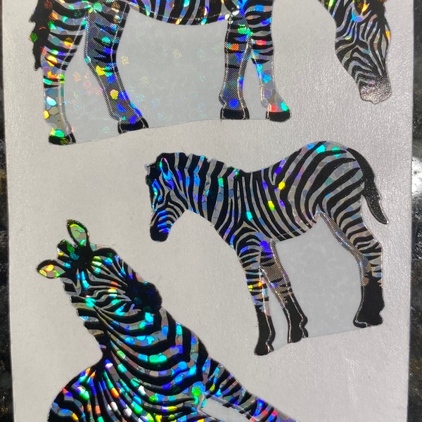 free shipping rare Vintage Hambly safari animals zebra zebras animal striped sparkle glitter prismatic sticker