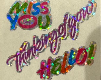 free shipping rare Vintage Hambly thinking of you miss you hello pink red blue rainbow sparkle glitter prismatic sticker