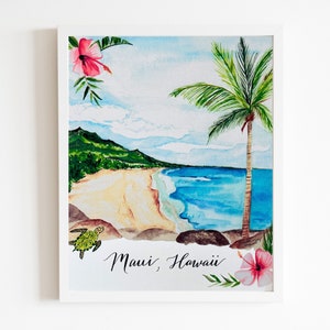 Maui Hawaii Watercolor Art Print, Hawaii Beach Artwork