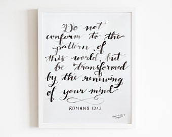 Romans 12:2 Bible Verse Art Print Watercolor Calligraphy Wall Decor Christian