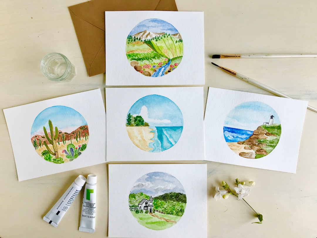 Circular Landscape Cards - Set of 6 Cards Watercolor Landscape Cards ...