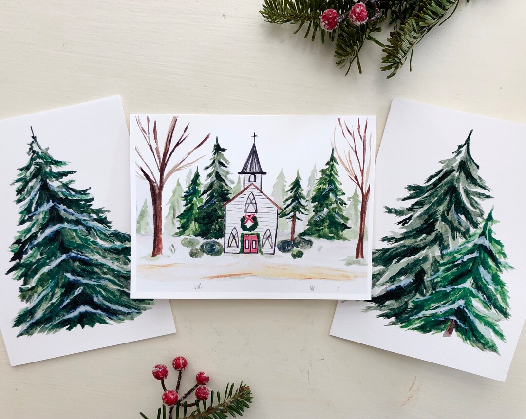 Set of 10 Christmas Tree Watercolor Cards Etsy
