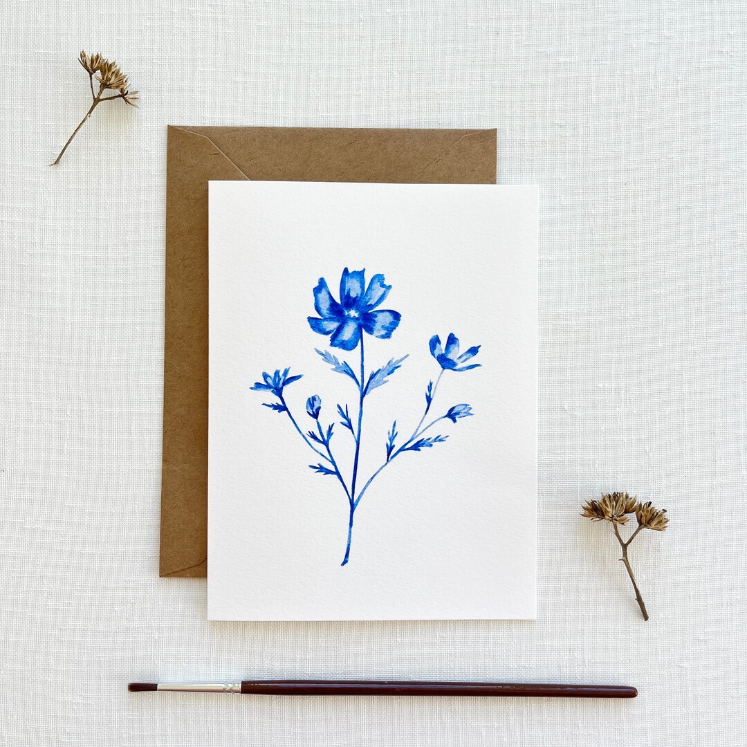 Blue and White Cosmos Floral Watercolor Greeting Card With Blank Inside ...