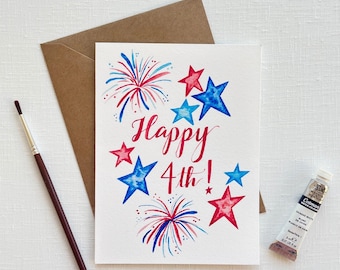 May include: A watercolor card with a red and blue fireworks design and the text "Happy 4th!" in red calligraphy. The card is surrounded by red and blue stars.