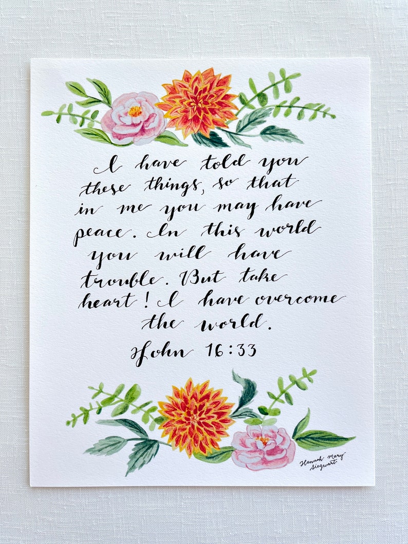 John 16:33 Bible Verse Art Print Florals and Calligraphy Wall Decor ...