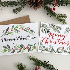 Pine Branches and Holly Christmas Cards - Set of 6 Watercolor Christmas Cards Natural Theme Gift for Christmas