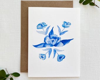 Blue Floral Motif Watercolor Greeting Card with Blank Inside