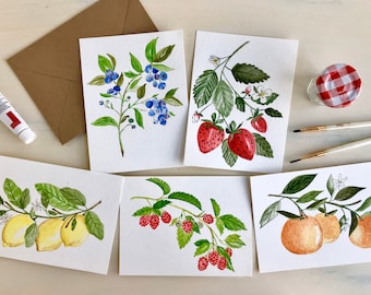 Fruit Greeting Cards - Set of 6 Watercolor Cards Strawberry Card Blueberry Card Raspberry Card Lemon Card Orange Card
