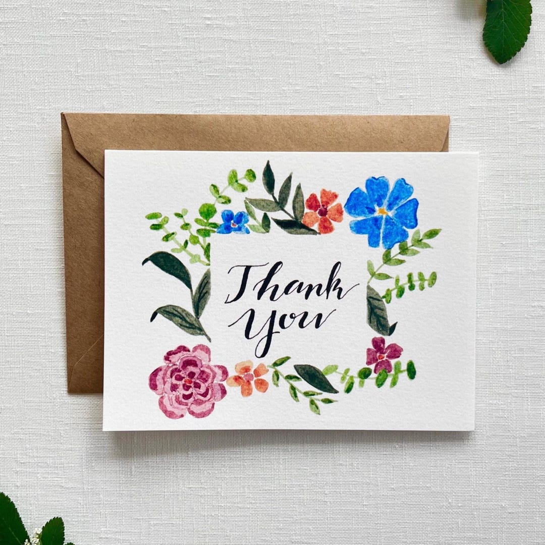Thank You Floral Greeting Card, Watercolor Card With Blank Inside - Etsy