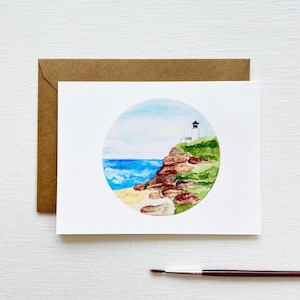 Lighthouse and Ocean Landscape Watercolor Greeting Card with Blank Inside