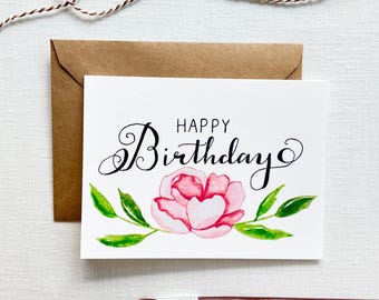 Happy Birthday Peony Floral Card, Watercolor Birthday Card with Blank Inside