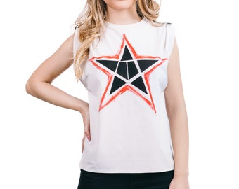 Women Summer Top Tank/Extravagant Tank Top/White Top/Black Leather Star Tee/Cotton Tee/Red Star Tank/Idualist by Vestefa