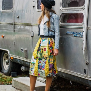 Pleated print skater skirt in midi length/Urban chic circle skirt with digital prints/Below-the-knee skirt with back zipper by Idualist