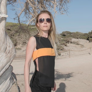 Women Summer Top/Sexy Black Top/Transparent Chiffon Summer Top Tank/One Side Open Top/Minimalist Tank/Orange Stripe Top/Idualist/Vestefa